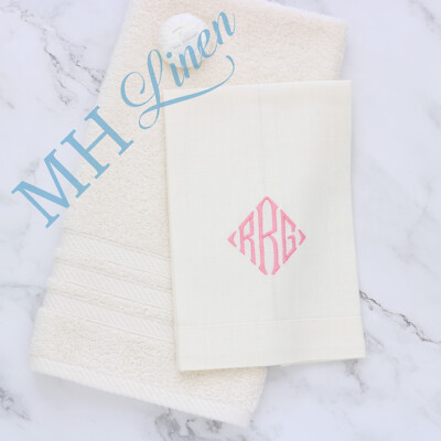 Monogram initials rRg Guest Towel in Cream with Pink Thread Embroidery