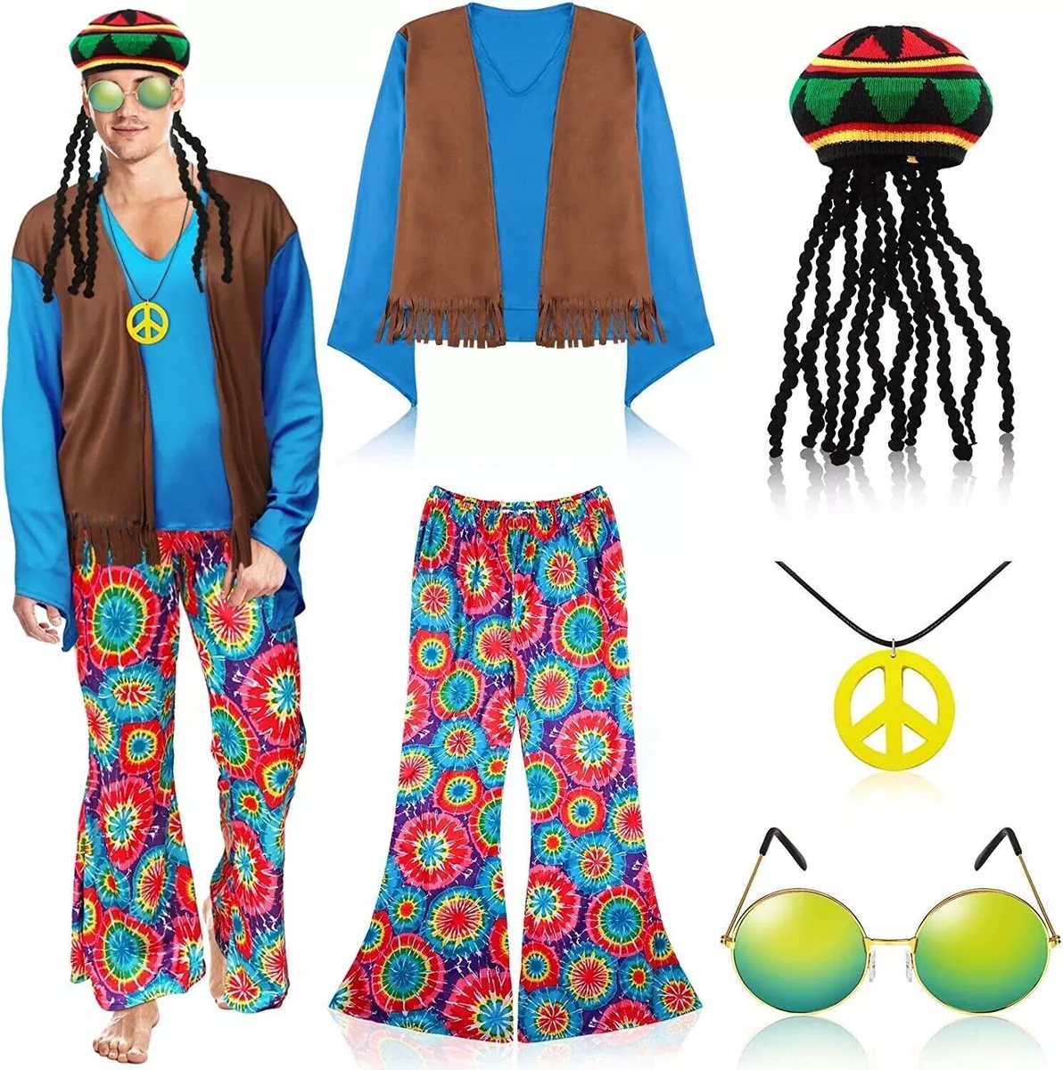 Geyoga 5 Pcs 60s 70s Costume for Men Hippie Costume Set Boho Faux