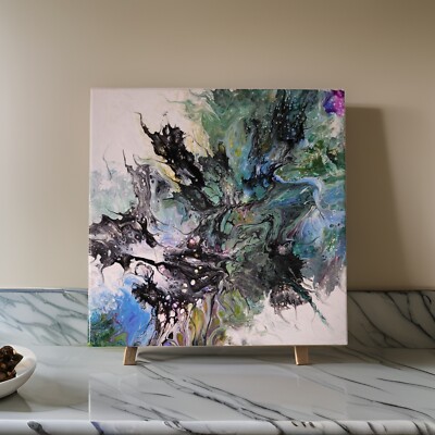 Painting Acrylic Original 12'' x 12'' Abstract on Canvas Fluid Art COSMIC CLASH