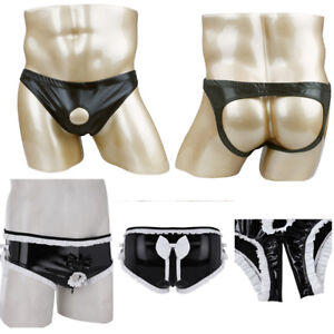 Latex Men Shiny Leather Boxer Shorts Zipper Crotch Panties Underwear Open Briefs