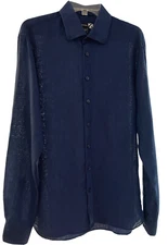 Saks Fifth Avenue Men Shirt Large Linen Blue Long Sleeve Button Up