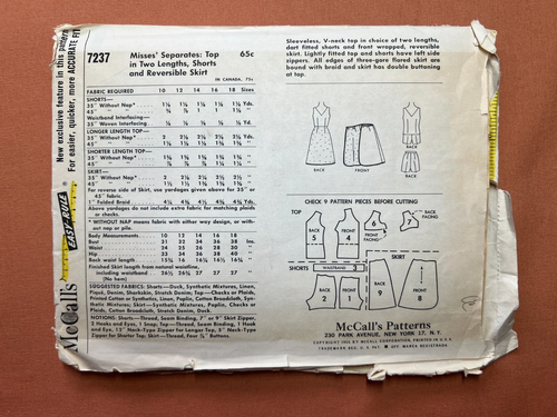 McCall's Pattern 7237 Misses Top Shorts & Reversible Skirt Size 10 Cut Complete - Picture 2 of 3