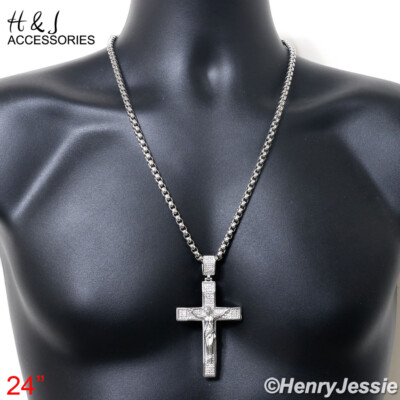 18-40''Stainless Steel 5mm Silver Box Link Necklace BIG ICY CZ Cross Pendant*P142