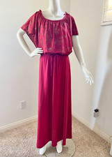 vintage 70s solid maroon dress / 1970s flutter sleeves / maxi disco dress size M