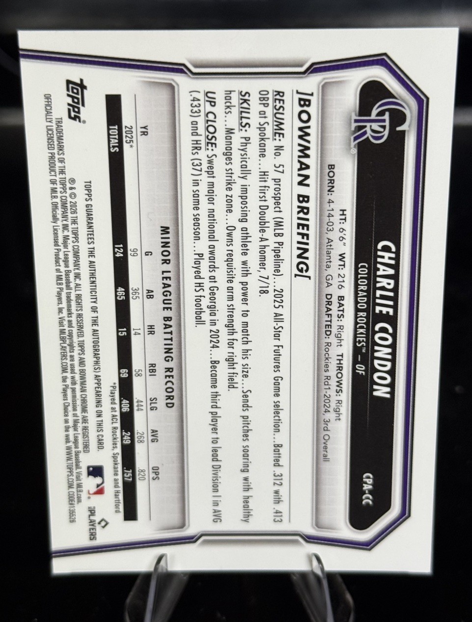 2026 Bowman Chrome Charlie Condon Rookie Auto Yellow Refractor Limited /75 view 2