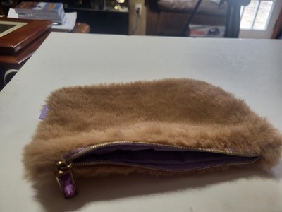 Ipsy Brown Faux Fur Makeup Bag with Purple Lining and Zipper
