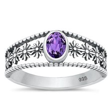 Genuine Purple Flower Oxidized Ring New .925 Sterling Silver Band Sizes 5-10