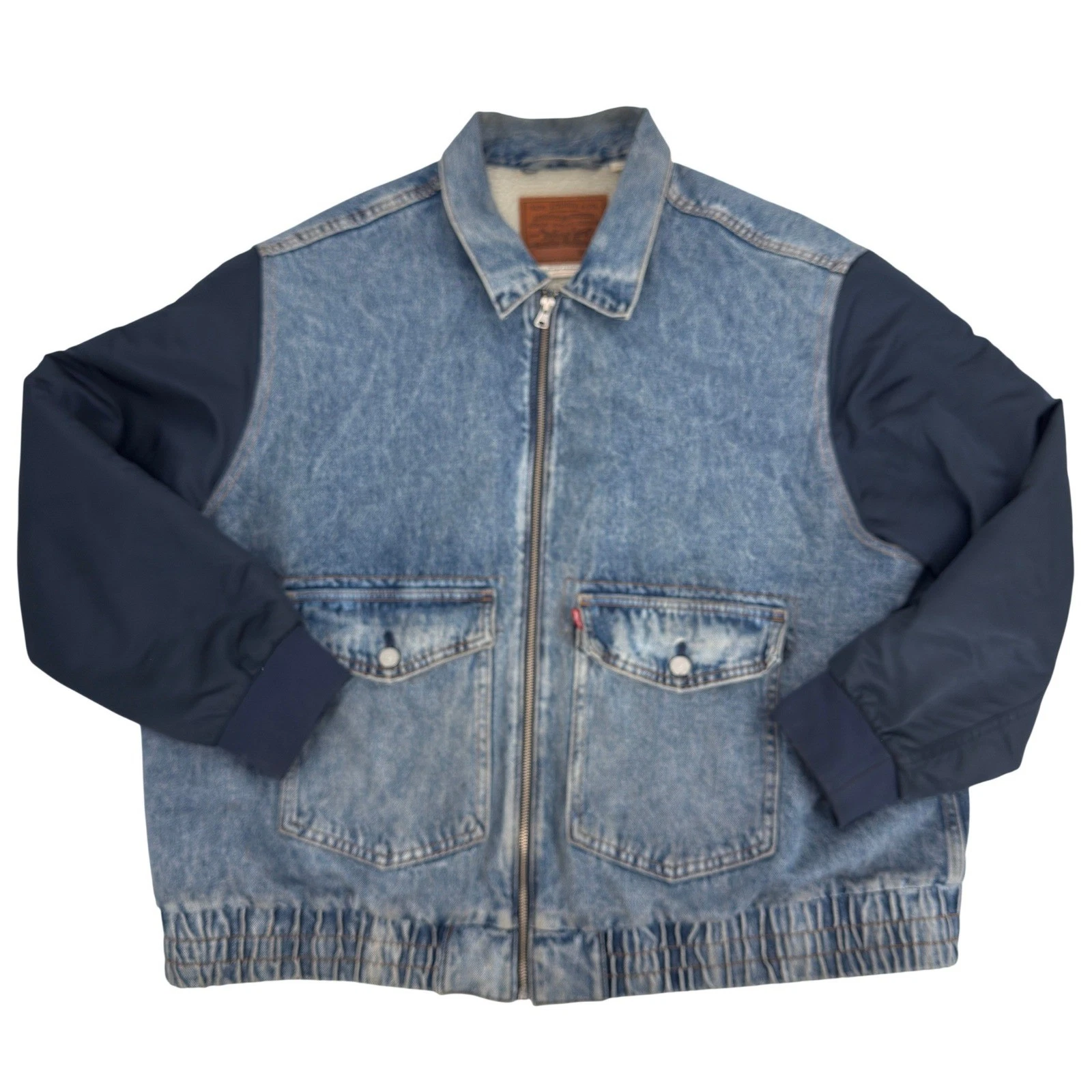 Levi's Bomber Trucker Jacket Mens XXL Blue Denim Sherpa Lined Mixed Media Zip Up