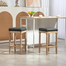 Set of 2 Bar Stools, H26" Rubber Wood & Leather Tufted Seat Stools KitchenIsland
