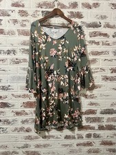 New Directions Dress Floral Bell Sleeve Olive Green Viscose Stretch Sz XL