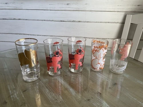 Mixed Lot - 5 Vtg MCM Pink Elephant Glasses Dancing Parade Hazel Atlas Orange