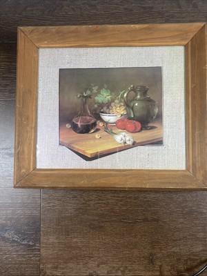 Vintage Still Life Print of Fruit, Vegetables and Wine Signed Lucas 14''x12''