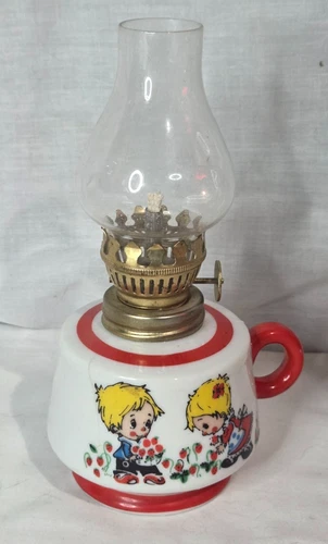 Vtg 70's Milk Glass Mini Oil Lamp Big Eyes Boy Girl Picking Strawberries Japan