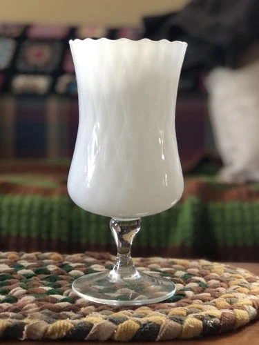 Vintage white opaline glass stemmed goblet vase with ruffled rim