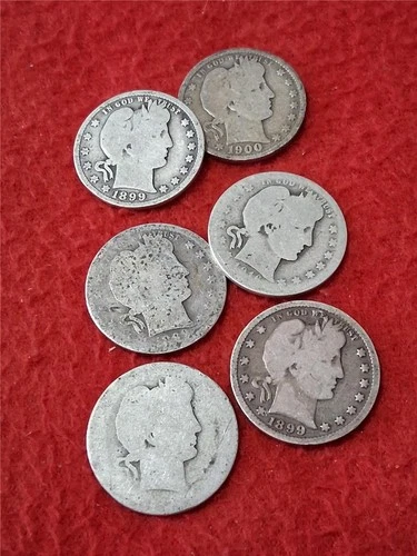 Picker’s Bag of x6 CIRCULATED 90% Silver BARBER QUARTERS MIXED DATE   #MF-0905