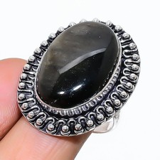 Natural Golden Sheen Obsidian Gemstone 925 Sterling Silver Ring Size 8 US