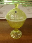 Vintage Fenton Iridescent Yellow Carnival Glass Covered Candy Nut Dish MINT C14