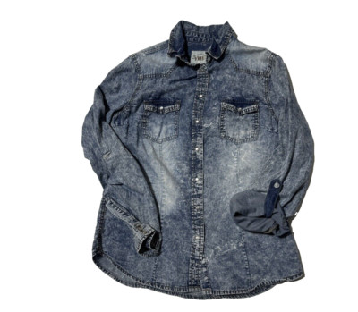 YMI Junior Button Down Shirt Pearl Snap Western Blue Acid Wash Rancher Medium