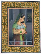 Hand Miniature Art Painting Of Indian Queen Standing Near Window 5.5x7.5 Inches