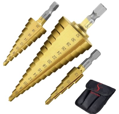 3-tlg. großer HSS Stahl Stufenkegelbohrer Titan Bit Set Lochschneider 4-12/20/32mm