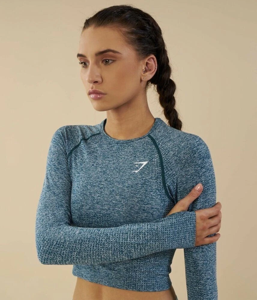 Gymshark Vital Seamless Long Sleeve Long Sleeve Crop Top, Medium Teal/Blue