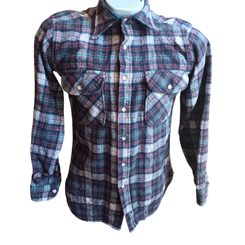 Camisa pequeña vintage de franela de lana a cuadros forro de cuello acolchado años 70 leñador Foto 2 de 4