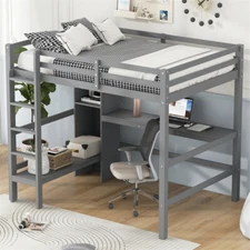Full Size Wood Loft Bed with Multifunction Storage Shelves & Under-Bed Desk,Gray