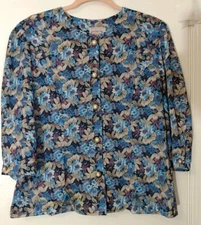 Vintage California Looks Blue Purple Beige Pearl Gold Button Blouse Size 12p