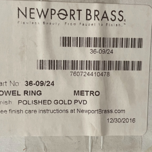 New Newport Brass 36-09/24 Curved Towel Bar polished Gold PVD