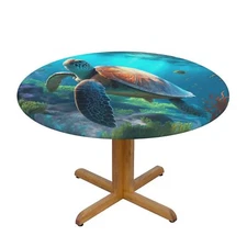 Round Tablecloth Marine Life Elastic Edge Waterproof Sea Life Table Cover Cloth
