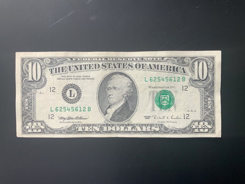 1995 $10 DOLLAR BILL L62545612B