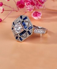 Bague de fiançailles FN en or blanc 14 carats et diamants et saphir de style ...