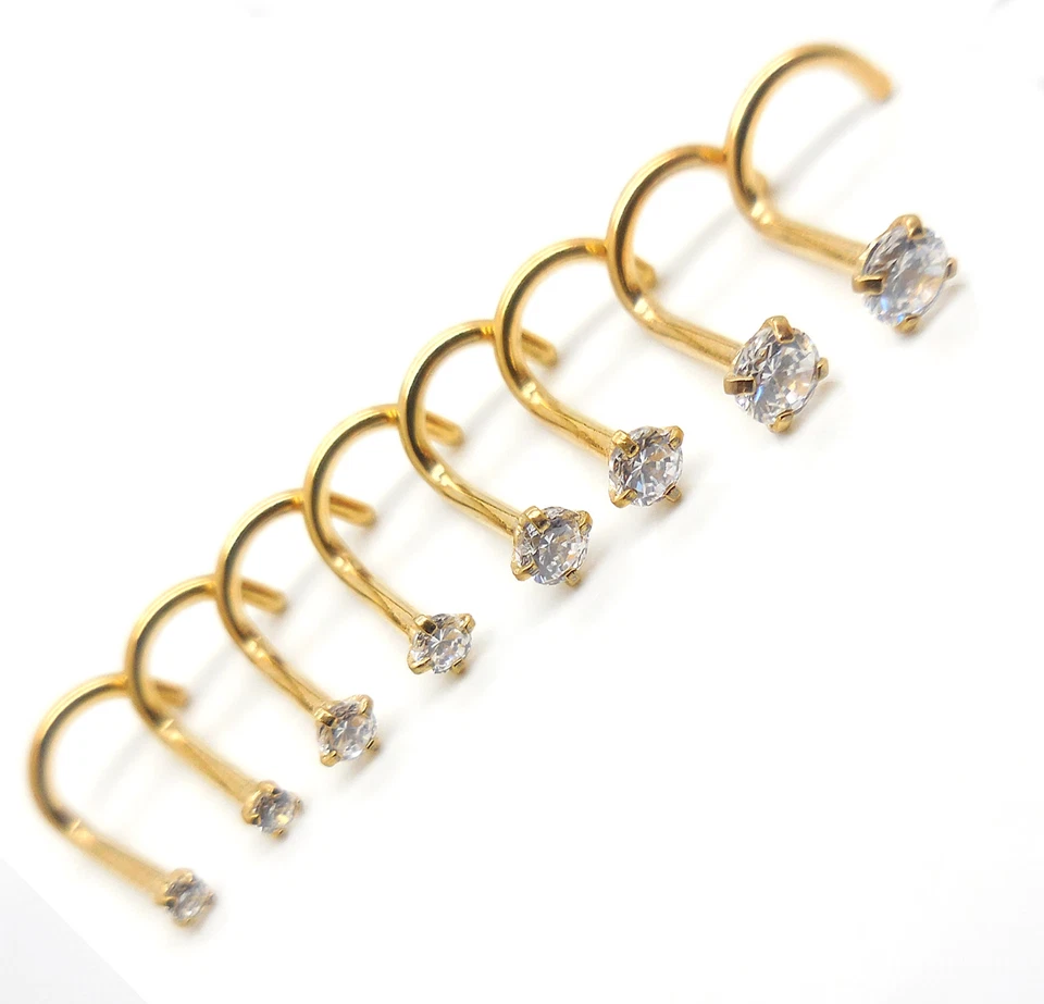 Par de tornillos de nariz tono dorado 18G 20G anillos anillo acero inoxidable transparente circonita cúbica 1,5-3 mm perno NUEVO Foto 4 de 4