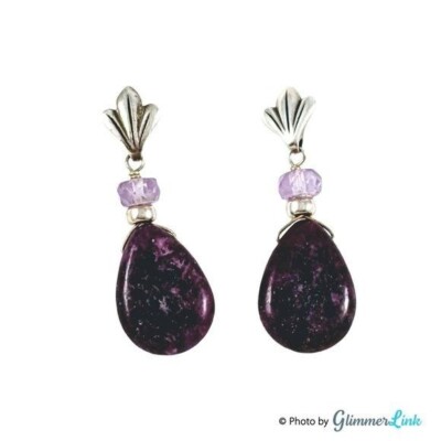 Sterling Silver Purple Lepidolite & Amethyst Teardrop Gemstone Earrings