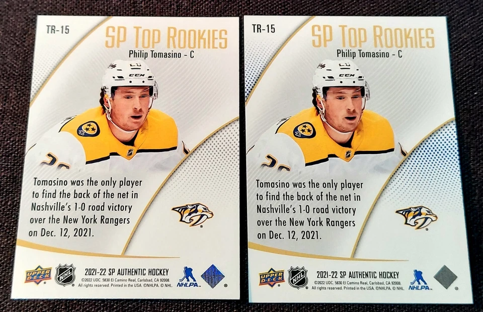 2021-22 UD SP Authentic Top Rookies Blue Philip Tomasino #TR-15 Predators - Image 2 of 2