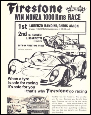 1967 Firestone Monza 1000 Race UK Vintage Advertisement Print Art Car Ad D124