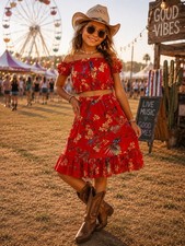 Beautees Girls Size 8 Red Tropical Floral 2 Piece Outfit Off Shoulder Skirt Set