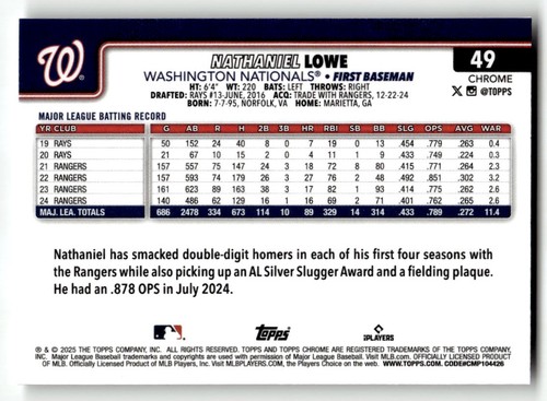 2025 Topps Chrome Logofractor Nathaniel Lowe #49 Washington Nationals - Picture 2 of 2