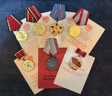 Lot of 7 Original Soviet Medals with Award Booklets   USSR Jubilee Decorations