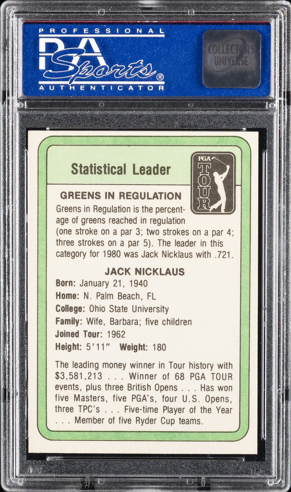 1981 DONRUSS GOLF STATISTICAL LEADER JACK NICKLAUS PSA 8 OC view 2