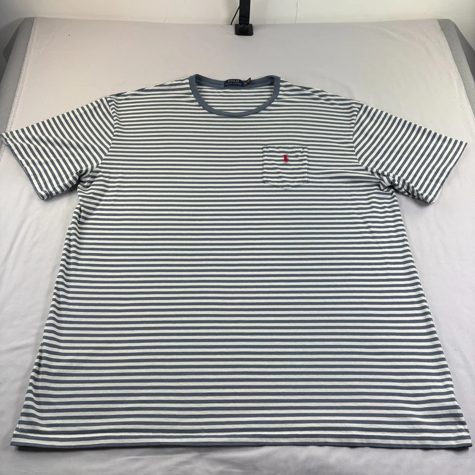 Polo Ralph Lauren Shirt Men 3XLT Tall Blue Striped Pocket Short Sleeve Crew Neck - Image 2 of 4