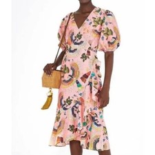Farm Rio S Pink Floral Tropical Birds Ruffle Wrap Dress