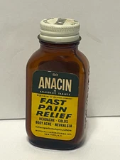 Vintage WHITEHALL ANACIN ASPIRIN Embossed Amber Glass Bottle w/ Original Label