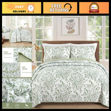 Botanical King Size Quilt Set - 3 Piece Bedspread, Sage Green Bedding Decor