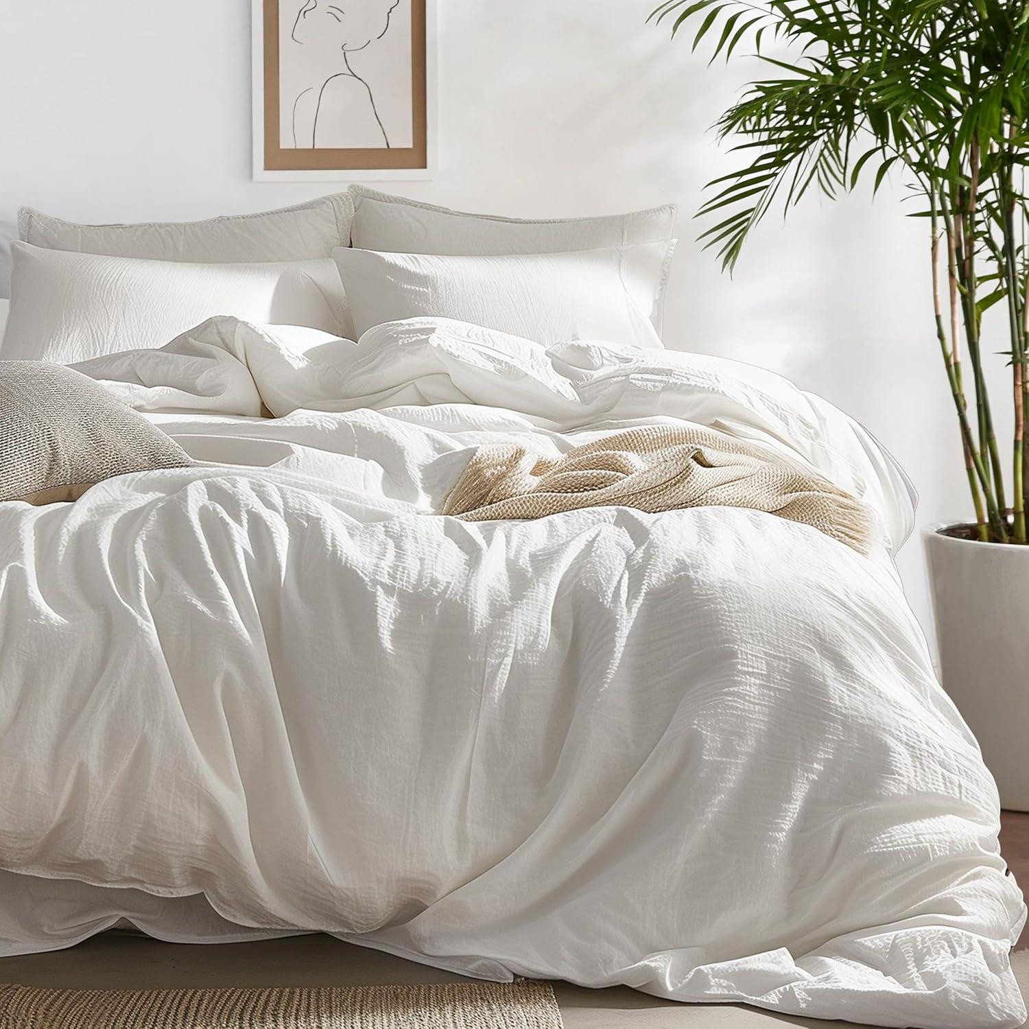 Bedsure 100% Washed Cotton Duvet Cover Cal King - Natural White Minimalist Duvet