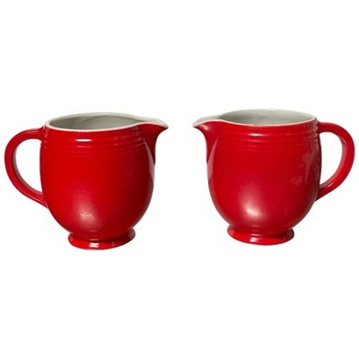 Vintage 1938 Hall China Art Deco Pitchers Jugs Five Band Rare Red Glaze Pair 5''