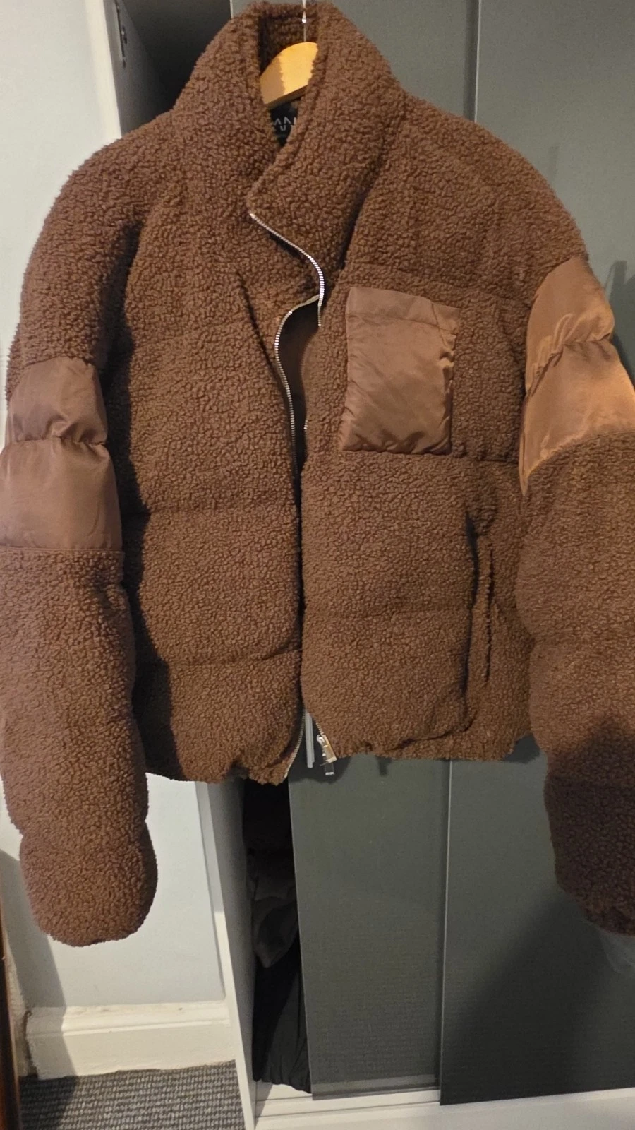 Tall Borg & Nylon Funnel Neck Puffer Jacket In Chocolate