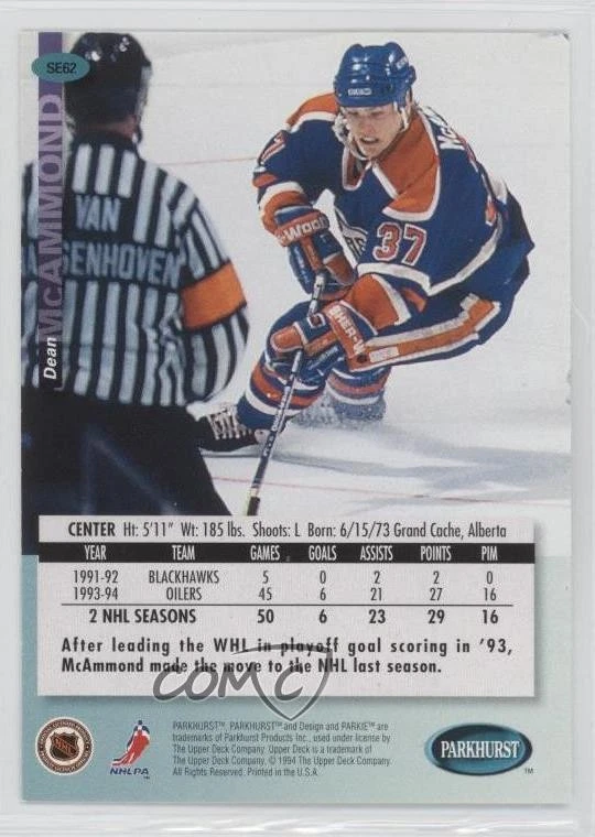 1994-95 Parkhurst SE Gold Parkie Dean McAmmond #SE62 - Image 2 of 2