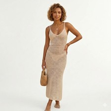 Abercrombie Fitch Knit Crochet Midi Coverup Beach Dress M Tan Glitter Open Knit