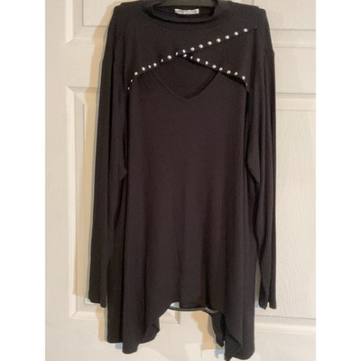 Rio & Rian Black Ribbed Studded Cutout Mock Neck Tunic Top 2X Long Sleeve
